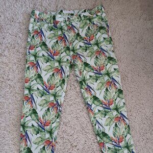 Truth + Theory Size 14 Tropical Print Ankle Pants White Bird of Paradise Stretch